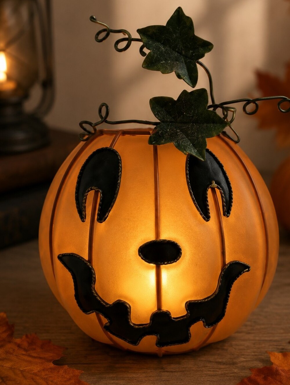Halloween Pumpkin Candle Holder Frosted Glass Jack O Lantern Metal Vine